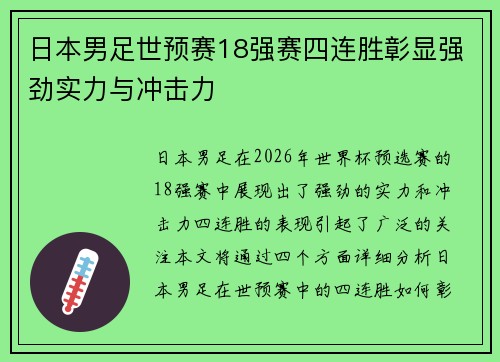 日本男足世预赛18强赛四连胜彰显强劲实力与冲击力